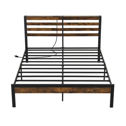 Full/Queen Size Bed Frame with Charging Station and Storage Headboard