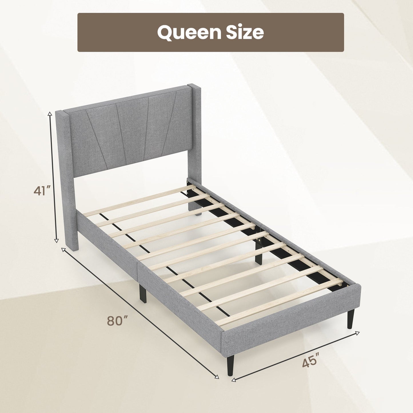 Twin/Queen Bed Frame with Linen Upholstered Wingback Headboard