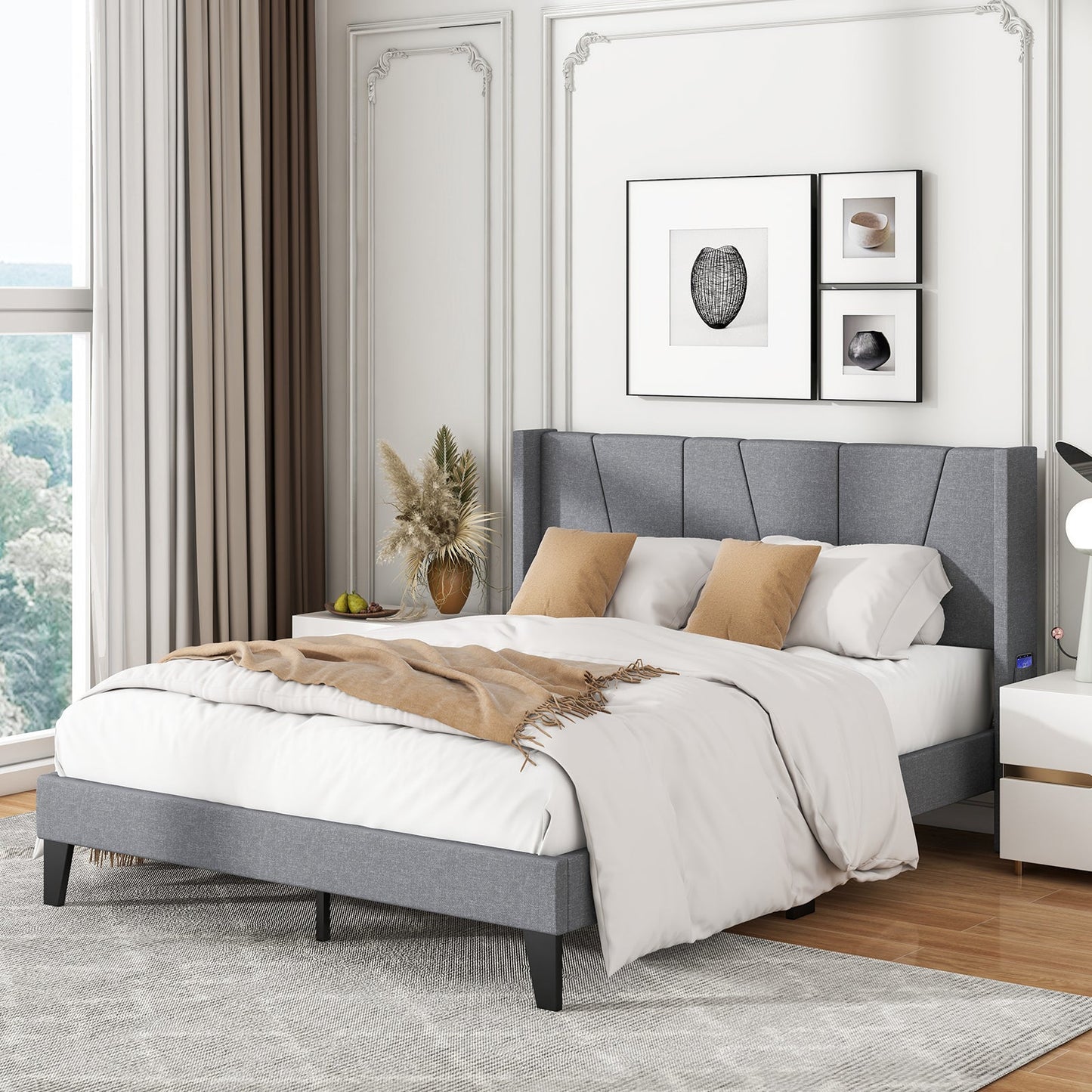 Full/Queen Size Bed Frame with Wingback Headboard and Wood Slat Support