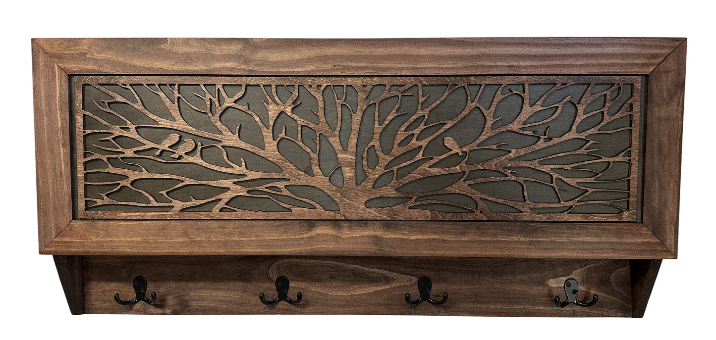 Birds in a Tree Large Gun Concealment Coat Rack - Handcrafted Wooden Gun Cabinets - Gun Shelf Hidden Storage for Rifles, Shotguns, & Handguns - Quick Access Hidden Wall Safe