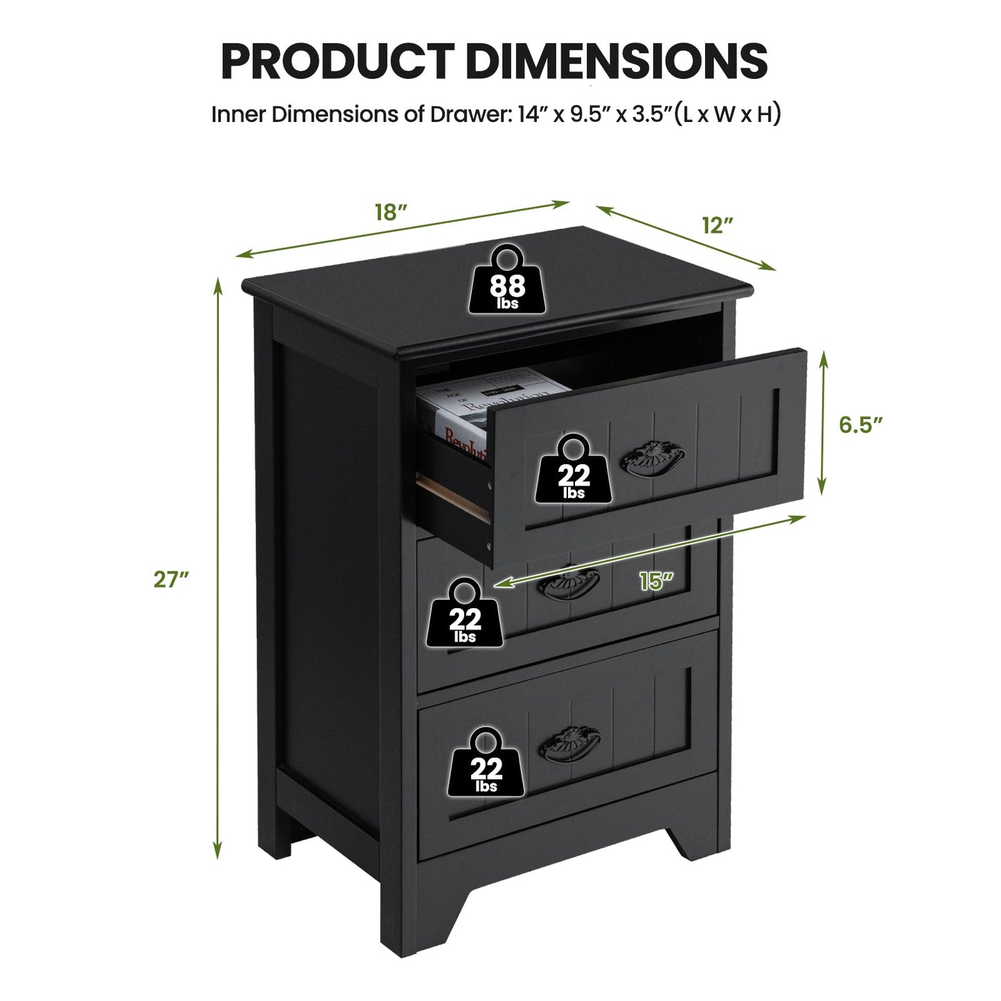 Farmhouse Nightstand with 3 Storage Drawers and Handles