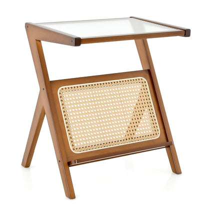 Boho End Table with Magazine Rack and Tempered Glass Top