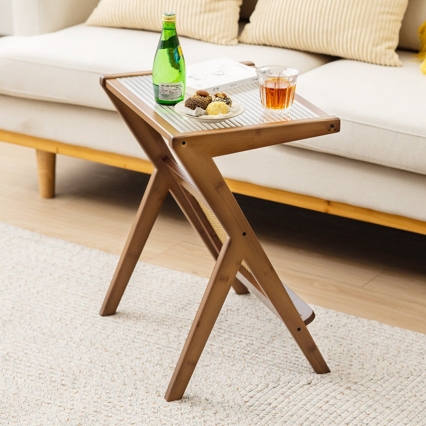 Boho End Table with Magazine Rack and Tempered Glass Top