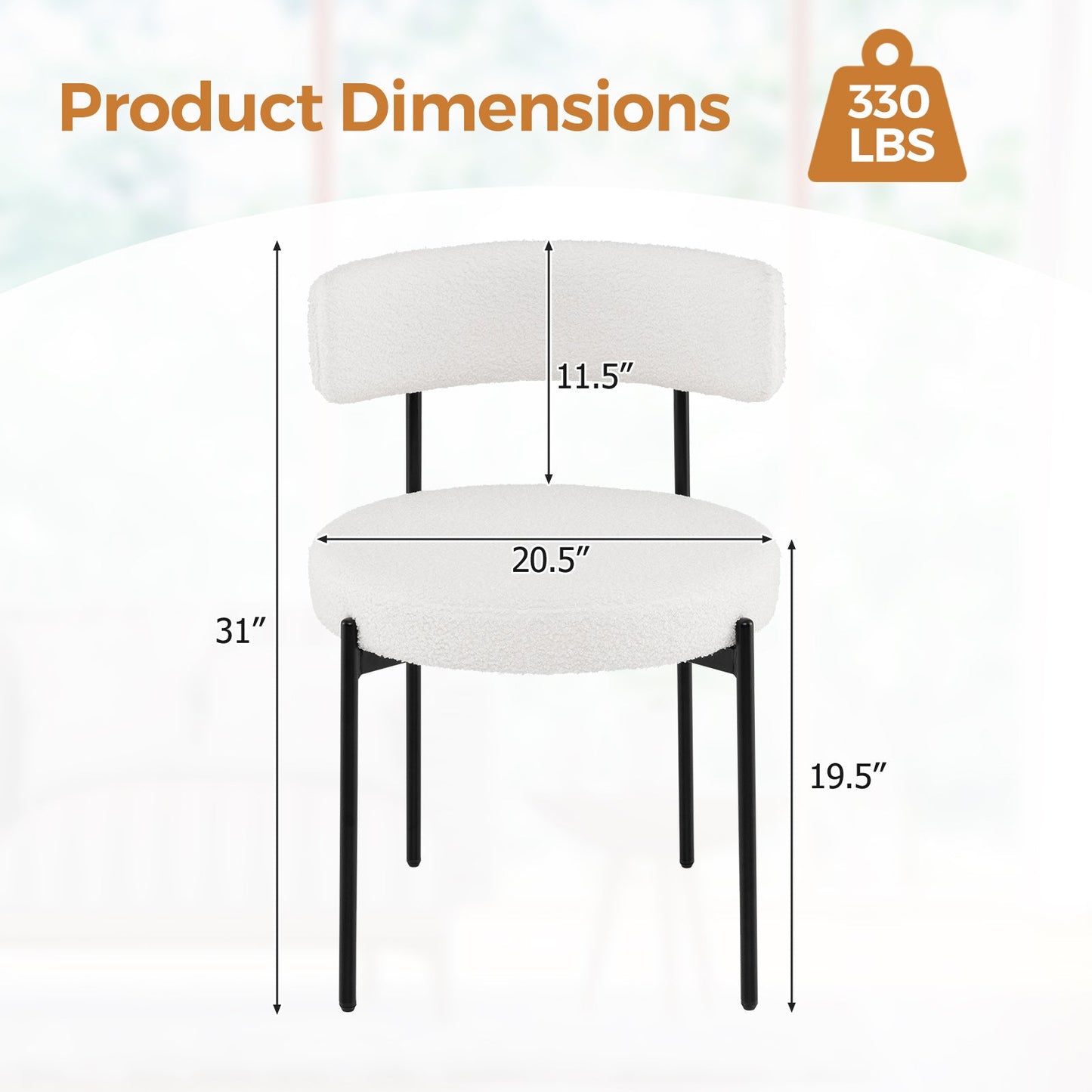 Boucle Dining Chair with Curved Backrest and Metal Legs Set of 2-White