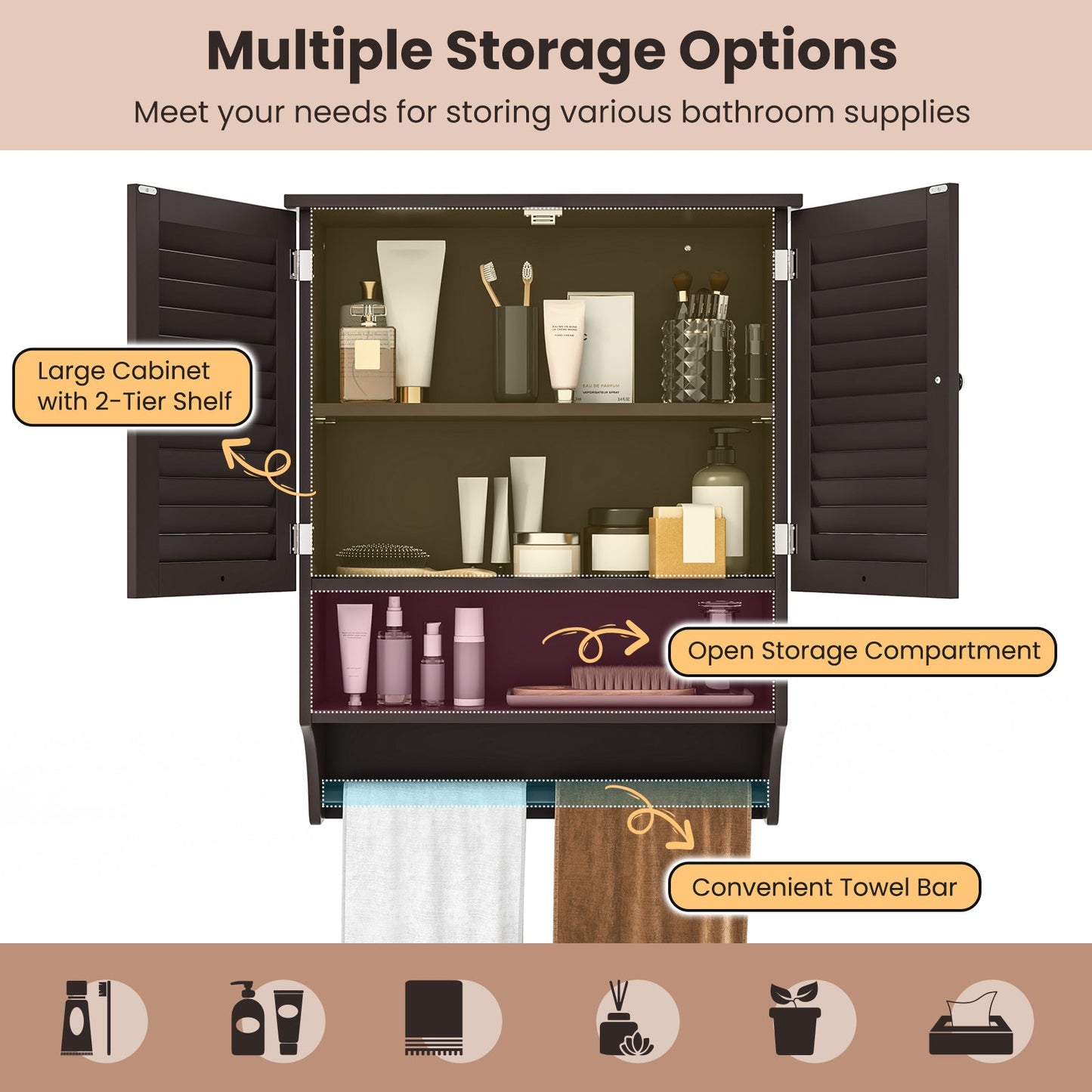 2-Doors Bathroom Wall-Mounted Medicine Cabinet with Towel Bar