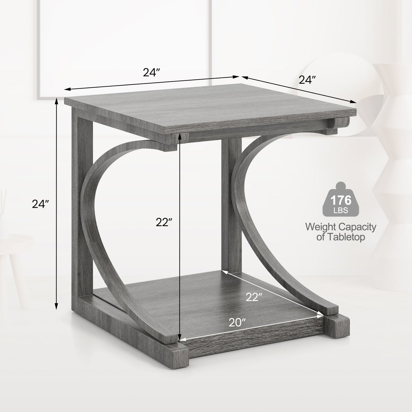 C-shaped 24 Inch 2 Tier Square End Table Sofa Side Table-Grey