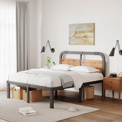 California King Heavy Duty Black Metal Bed Frame with Wood Panel Headboard
