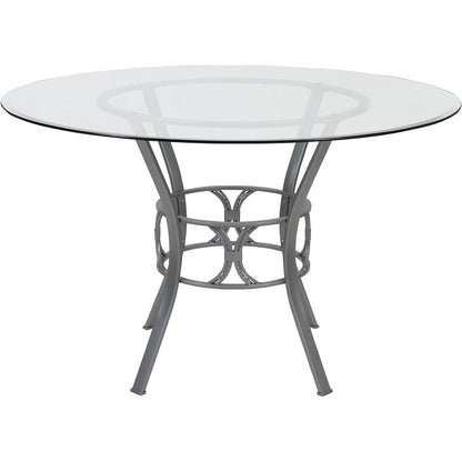 Round 48-inch Glass Top Dining Table with Silver Metal Frame