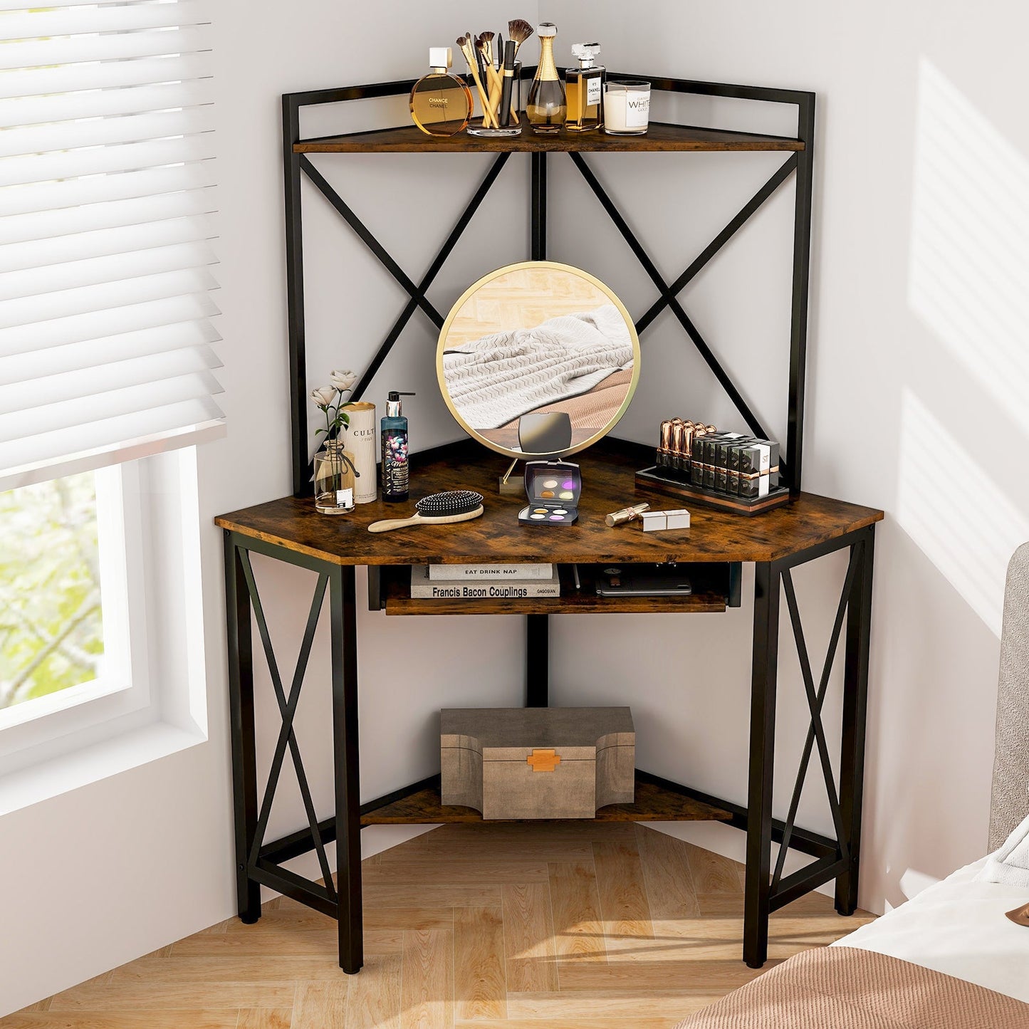 Space-Saving Corner Computer Desk with with Hutch and Keyboard Tray