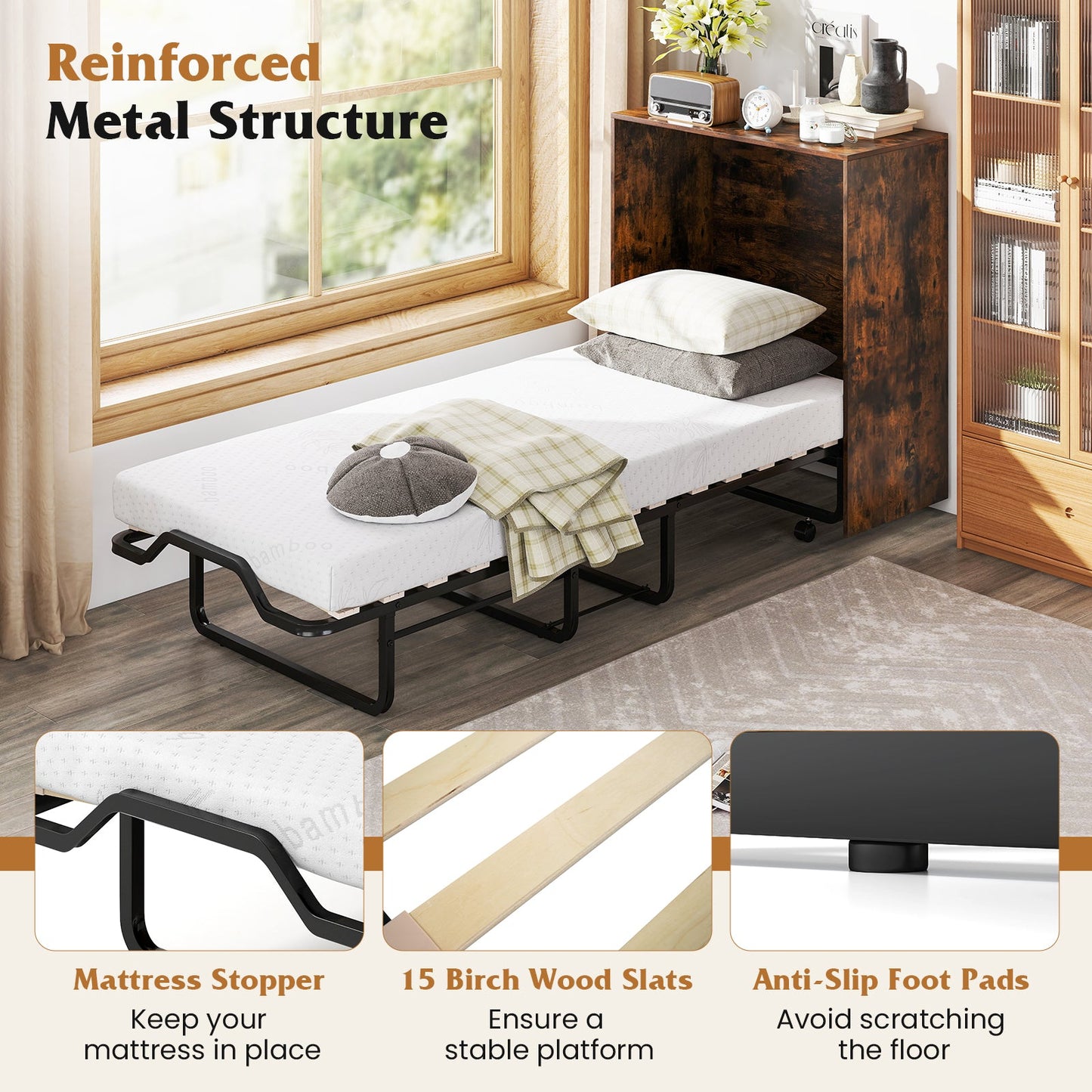 Cot Size Murphy Bed with Foldable Bed and Lockable Wheels