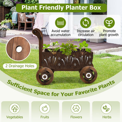 Decorative Wooden Wagon Cart with Handle Wheels and Drainage Hole-Rustic Brown