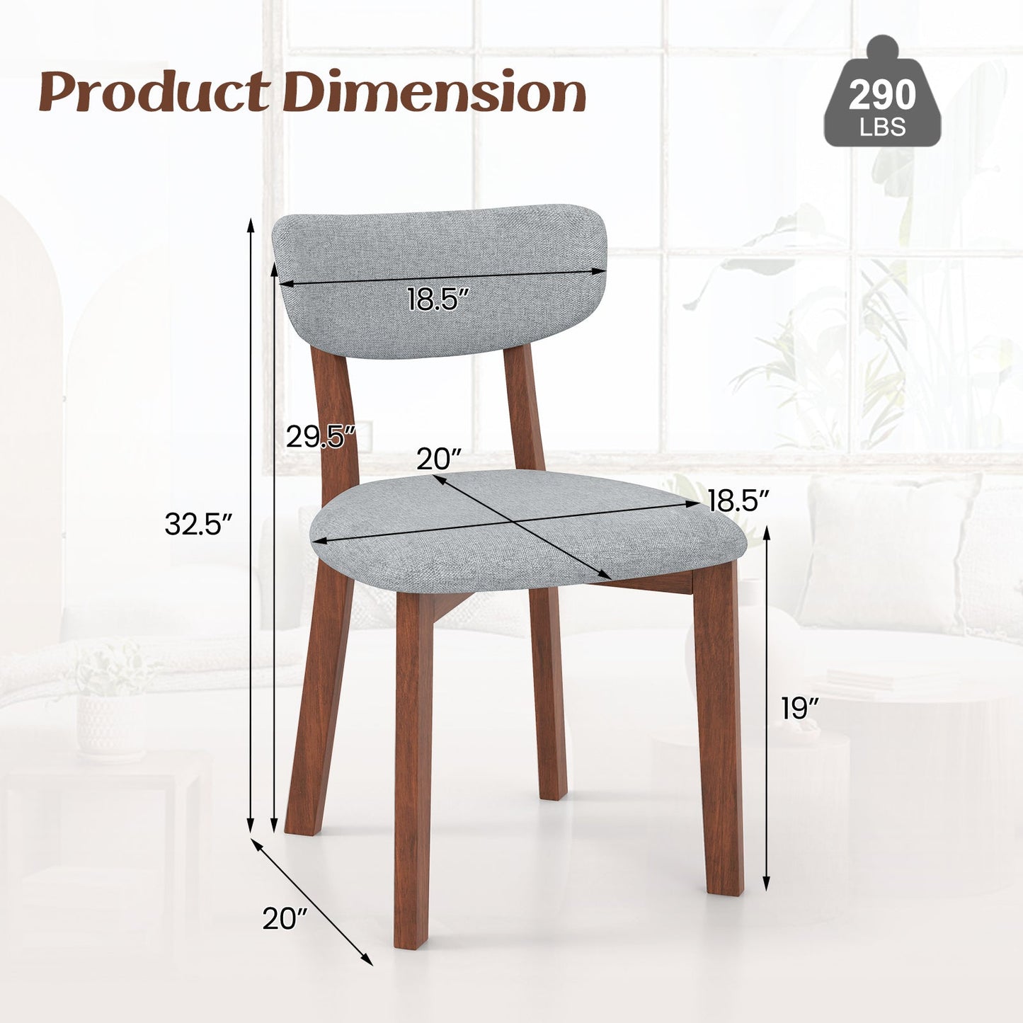 Dining Chairs Set of 2 Upholstered Mid-Back Chairs with Solid Rubber Wood Frame