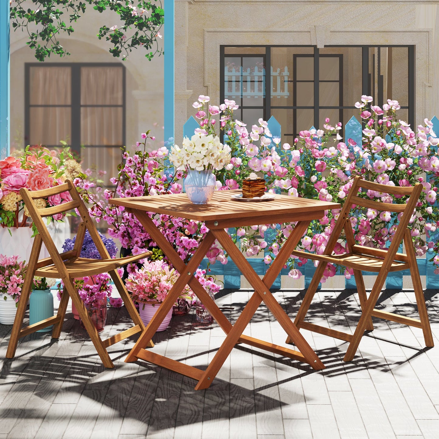 29.5 Inch x 29.5 Inch  Patio Dining Table with Teak Painting and Umbrella Hole
