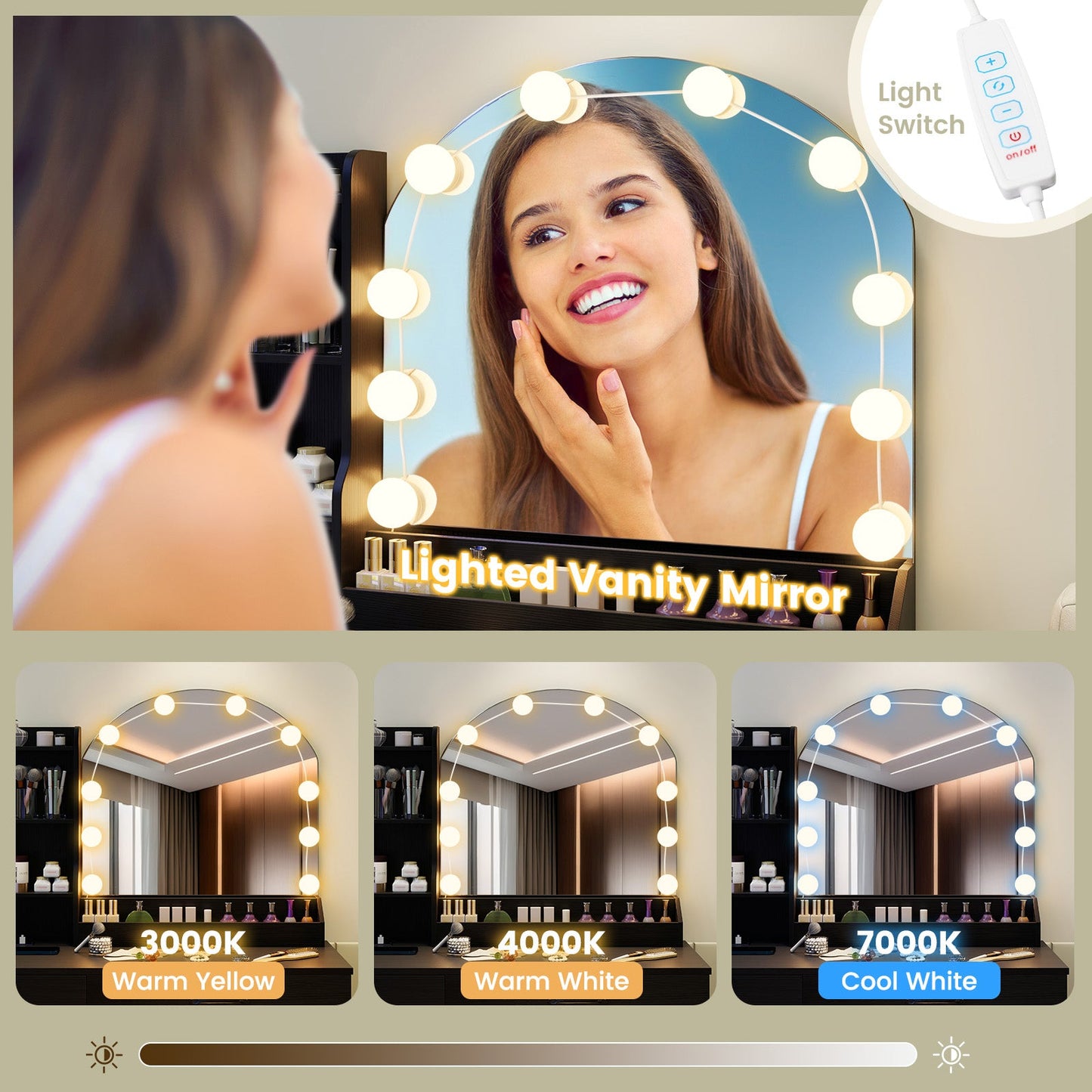 Makeup Vanity Desk Dressing Table and Stool Set with Mirror and Lights