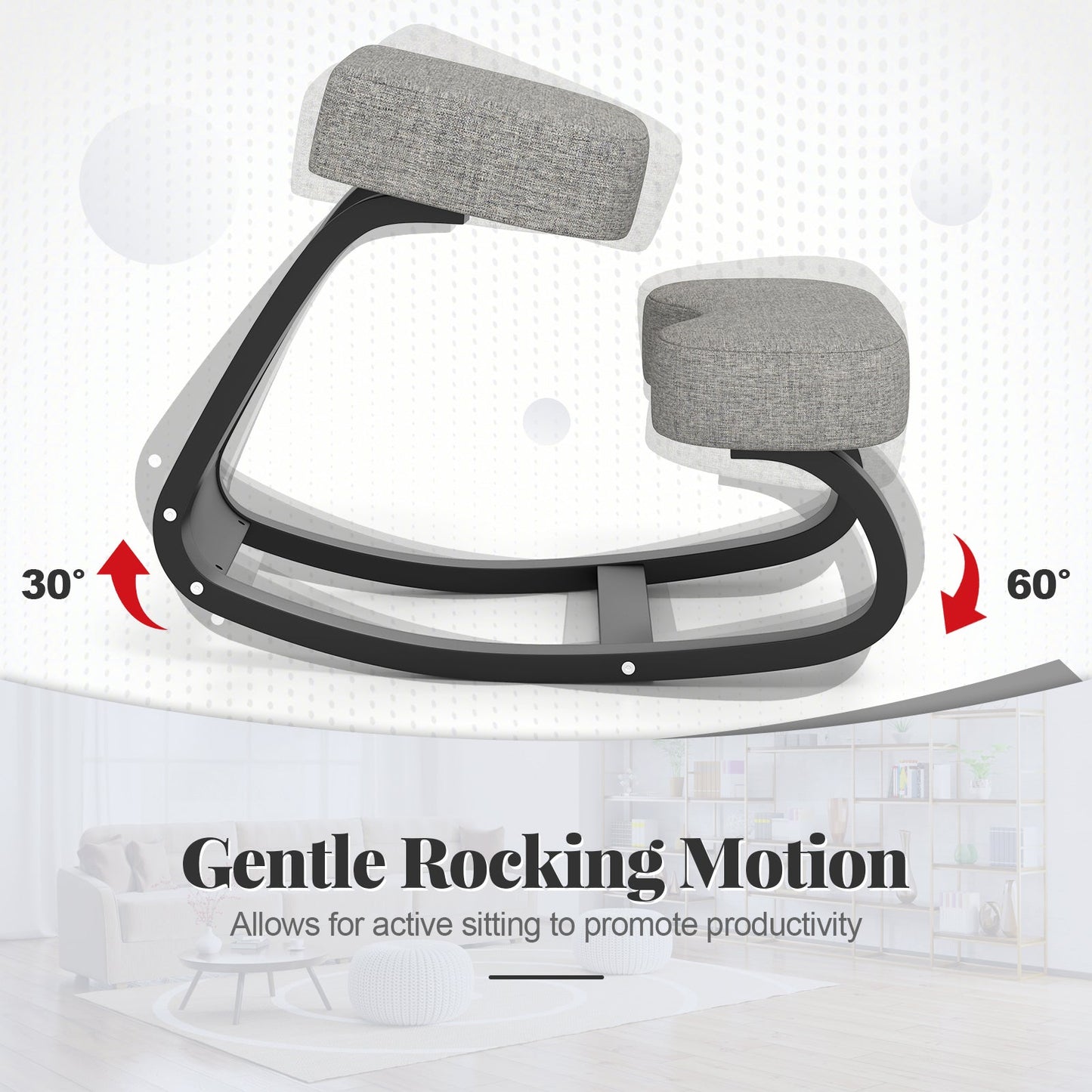 Wooden Ergonomic Backless Rocking Kneeling Chair with Padded Cushion-Gray