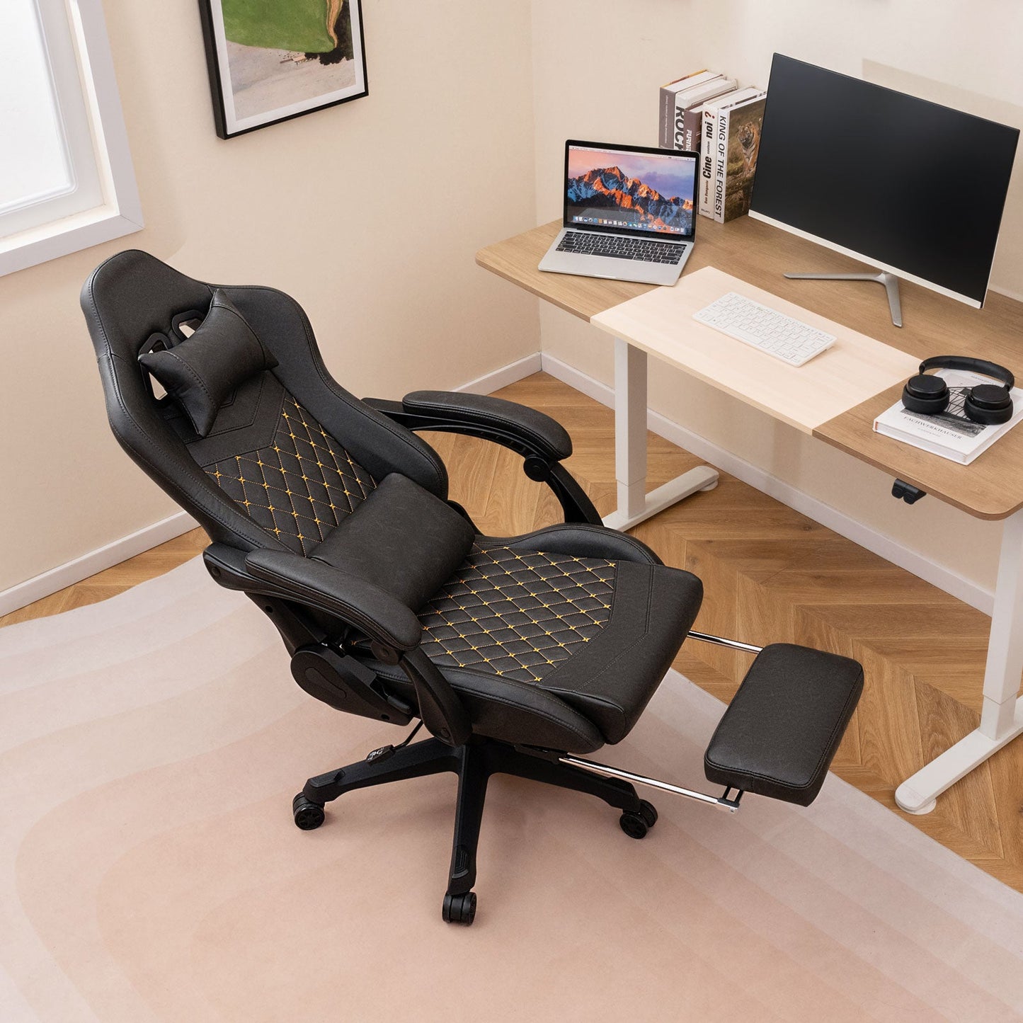 Ergonomic Video Game Computer Chair with Headrest and Lumbar Pillow-Black