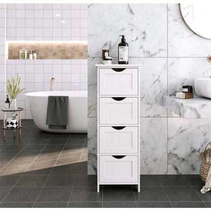 Modern Farmhouse 4-Drawer Bathroom Linen Floor Cabinet in White Wood Finish