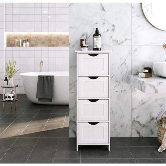 Modern Farmhouse 4-Drawer Bathroom Linen Floor Cabinet in White Wood Finish