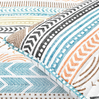 King Scandinavian Chevron Teal White Orange Brown Reversible Cotton Quilt Set