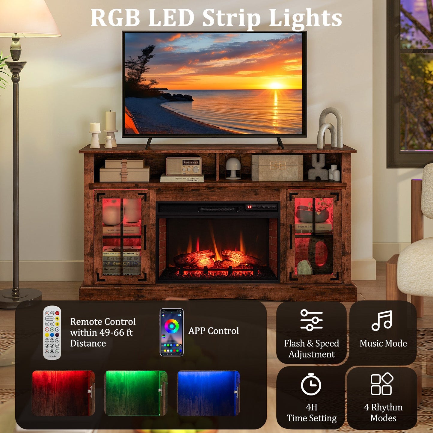 Fireplace TV Stand with Remote Controls and Thermostat for TVs Up to 50 Inch