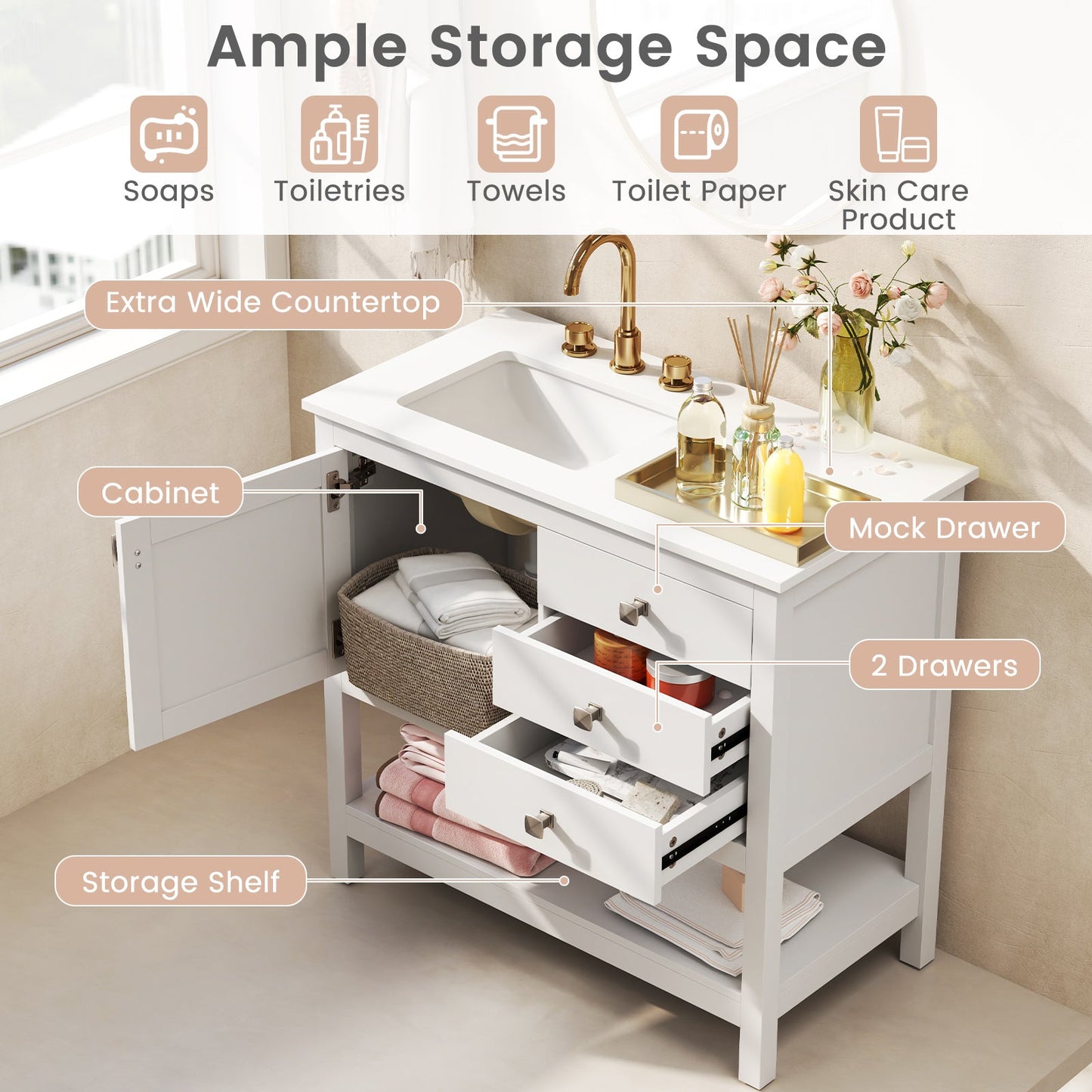 Freestanding Bathroom Vanity Unit with Basin Floor Storage Cabinet-White