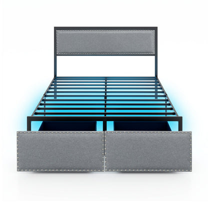 Full/Queen/Twin Size Bed Frame with LED Lights Drawer and Metal Slats