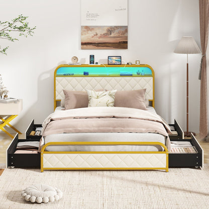 Twin/Full/Queen Size Bed Frame with LED Lights and Charging Station Gold