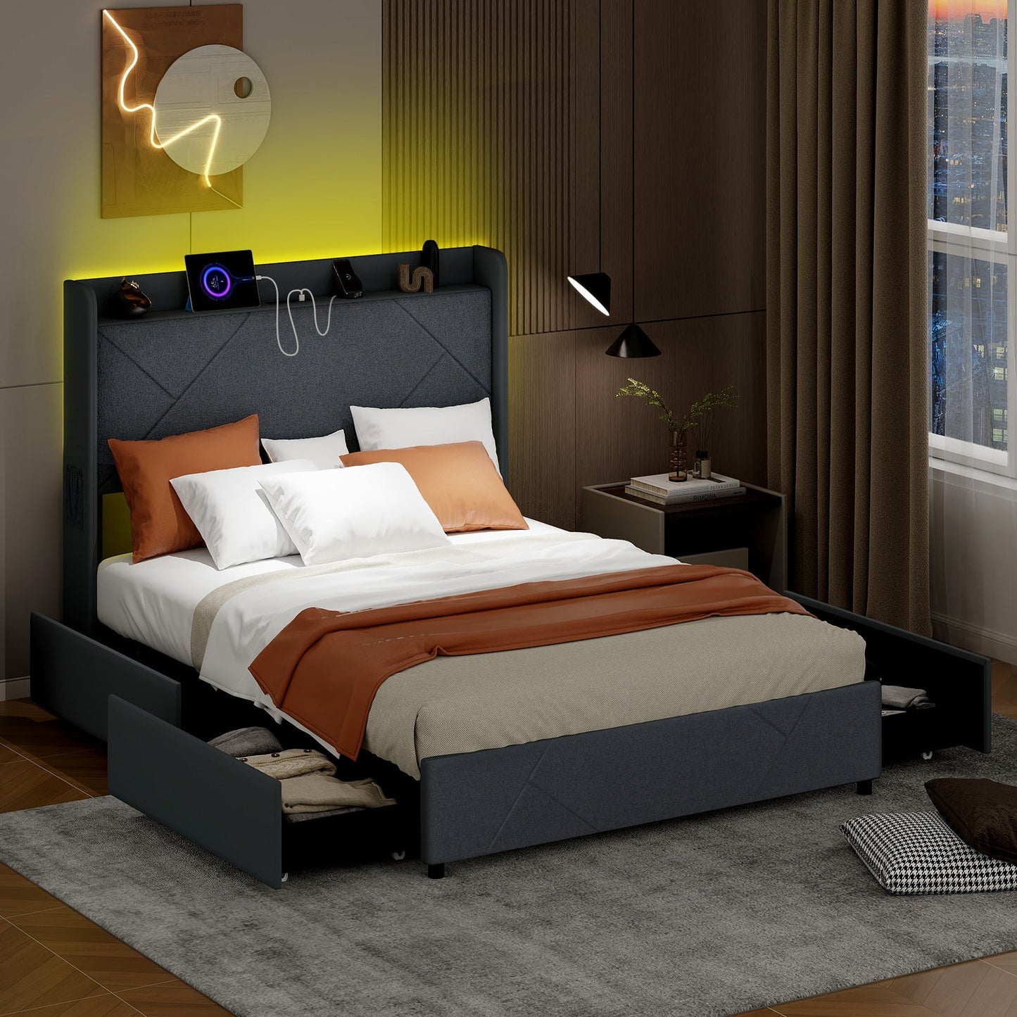 Full/Queen Size Bed Frame with LED Lights and Charging Station