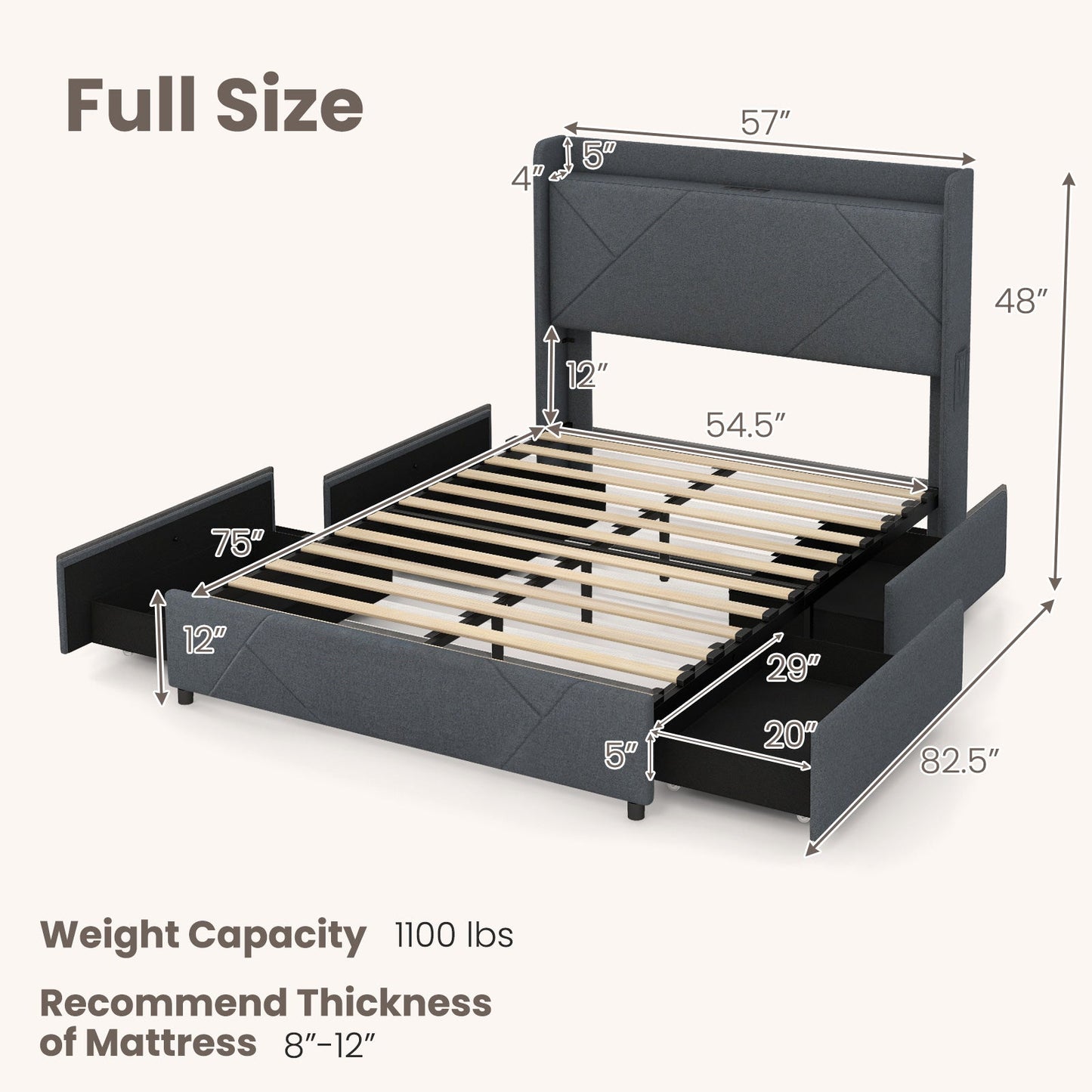 Full/Queen Size Bed Frame with LED Lights and Charging Station