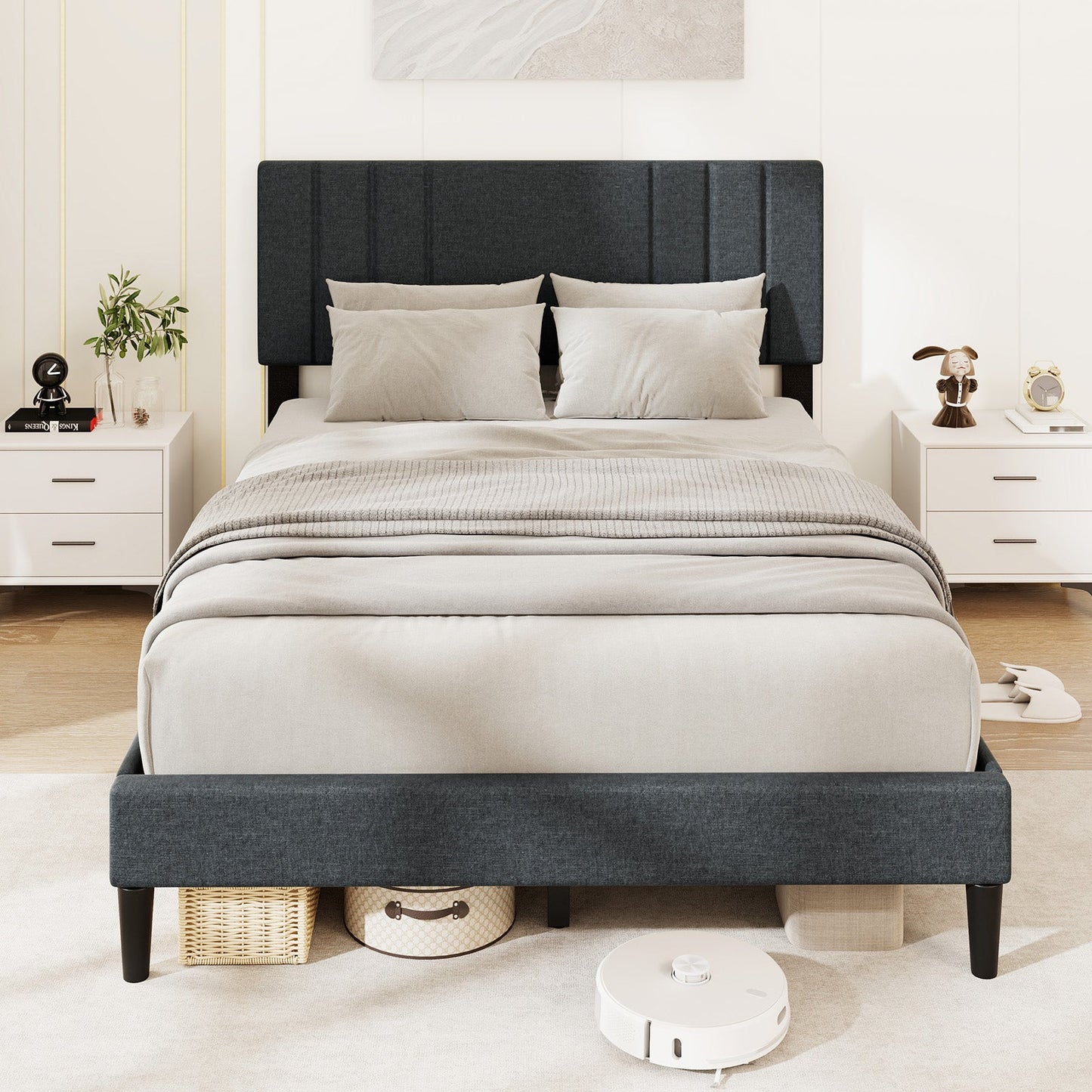 Full/Queen/Twin Size Bed Frame with Vertical Channel Tufted Headboard and Wooden Slats