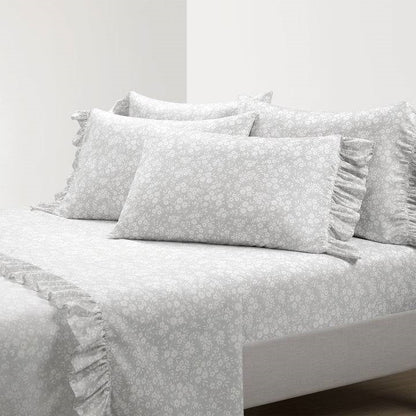 Queen size Grey Ruffle Floral Polyester 6 Piece Sheet Set