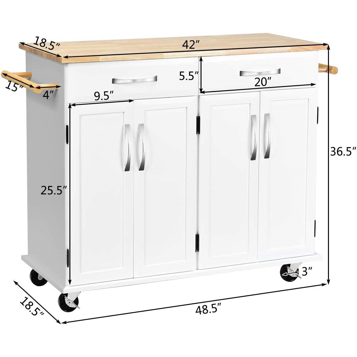 White Kitchen Cart Island with Wood Top 2 Drawers and Bottom Storage Cabinet
