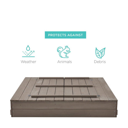 Sturdy Cedar Wood Kids Outdoor Sandbox with Benches in Grey Finish