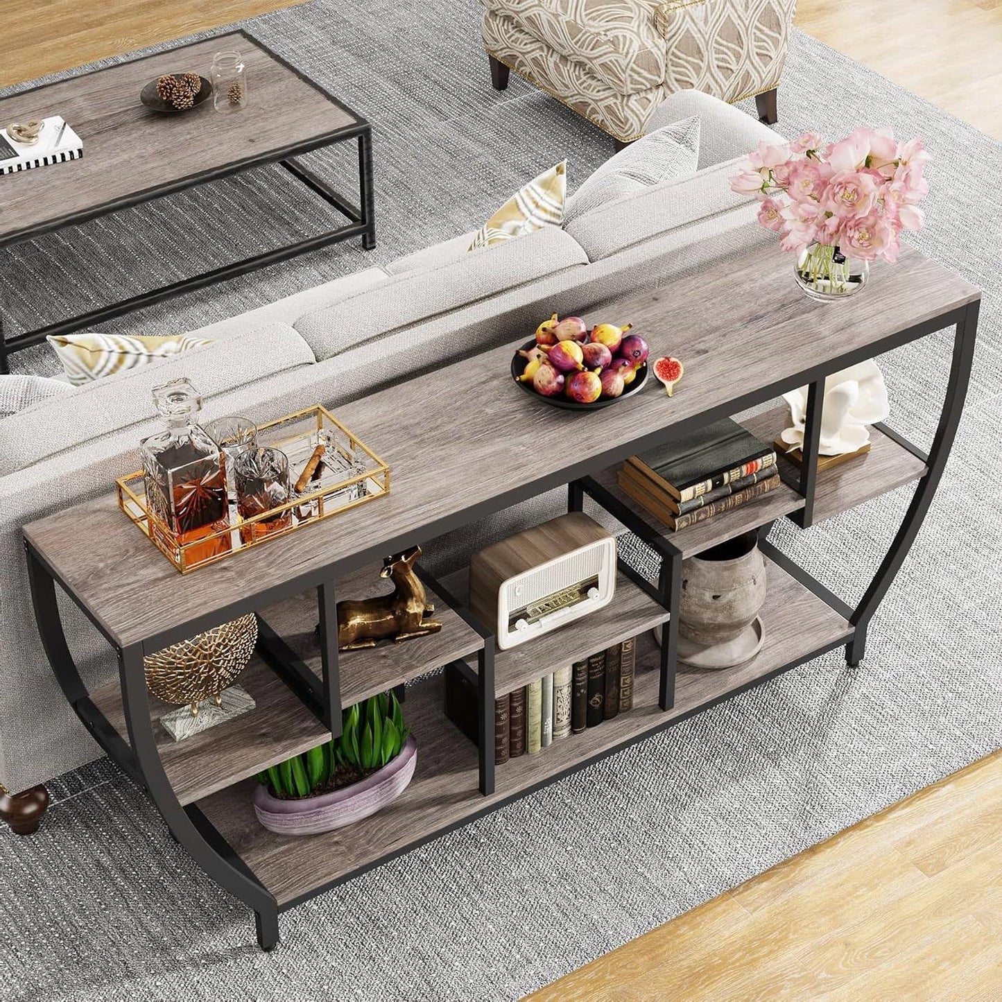 Industrial Chic 70-inch Long Narrow Console Sofa Table with Gray Wood Shelves