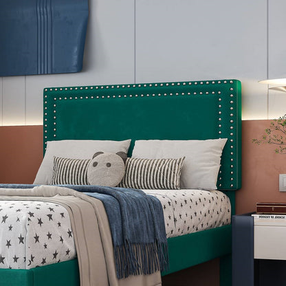 Set of 2 - Twin size Dark Green Upholstered Platform Bed Frame with Headboard