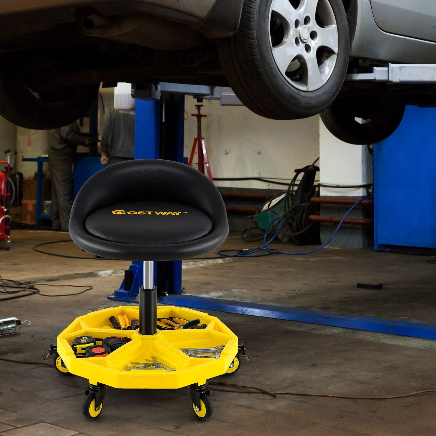 20 Inch-25 Inch Height Adjustable Rolling Garage Stool with Tool Tray Storage-Yellow