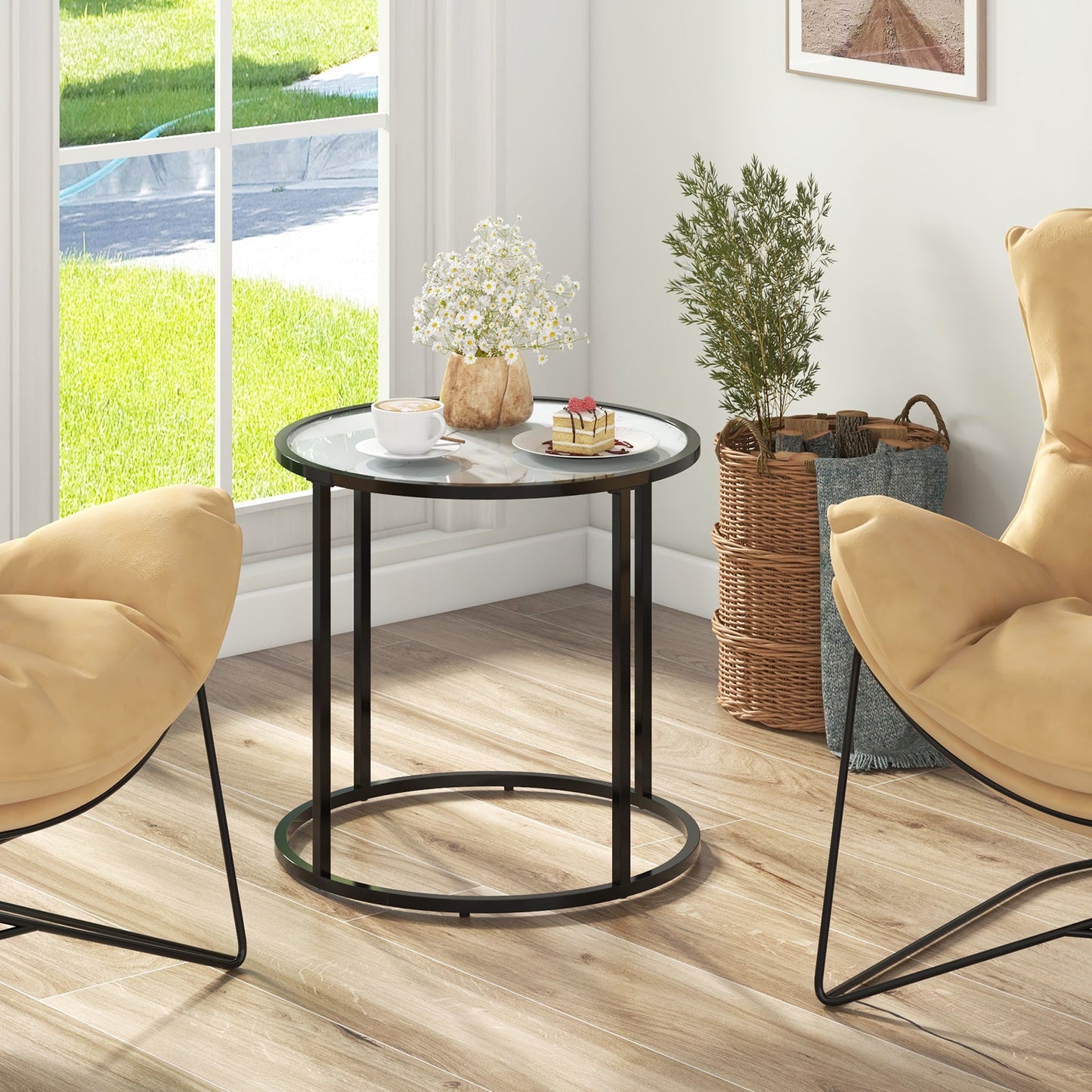 20 Inch Glass End Table with Metal Frame and Faux Marble Glass Top-Black and White