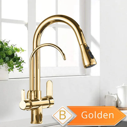 Purification Water Kitchen Faucet Black 360° Rotating Filter Water Faucets Pull Out Sprayer 3 Ways Hot Cold Water Mixer Tap
