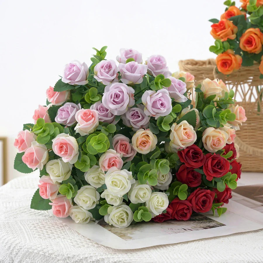 Artificial Flowers Vase for Home Decor Outdoor Garden Christmas Eucalyptus Leaves Fake Plants Wedding Party Silk Roses Bouquet