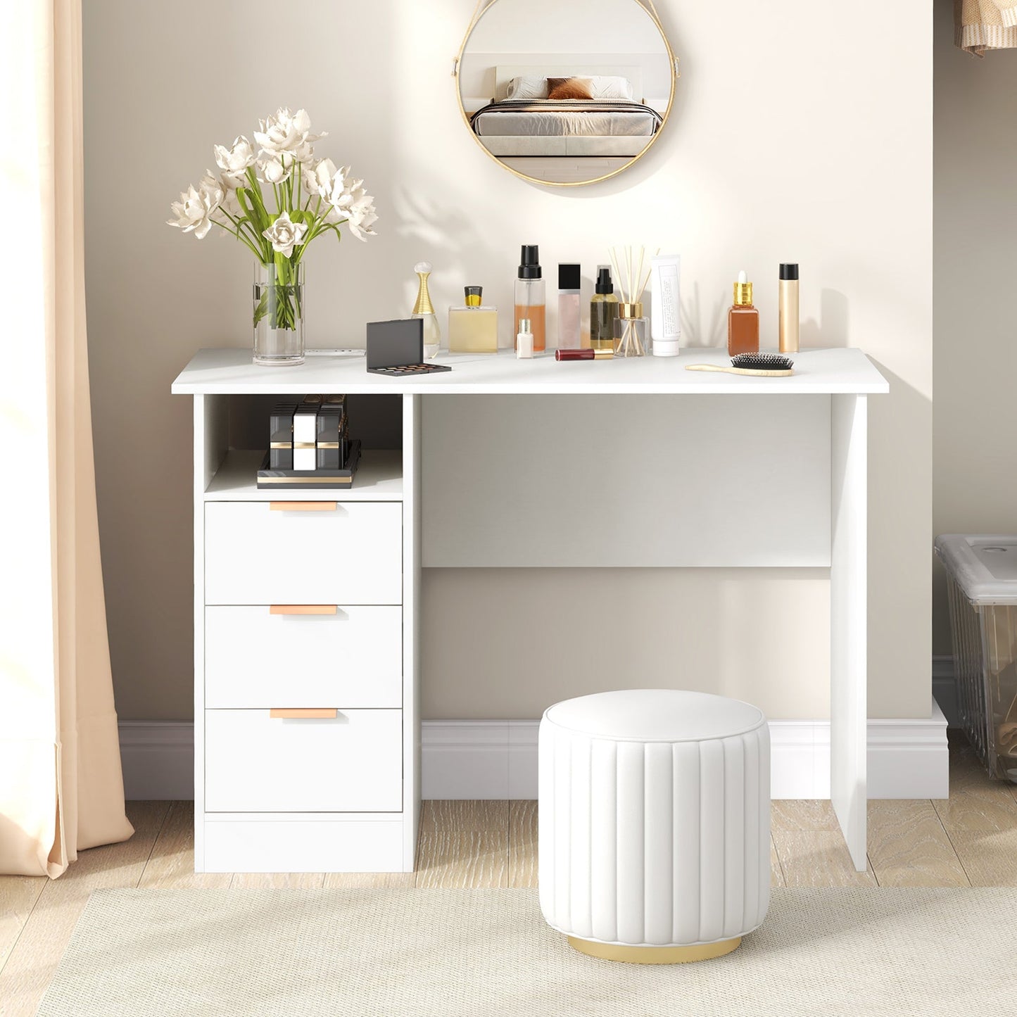 Home Office Desk with Power Outlet 3 Storage Drawers and Open Compartment-White