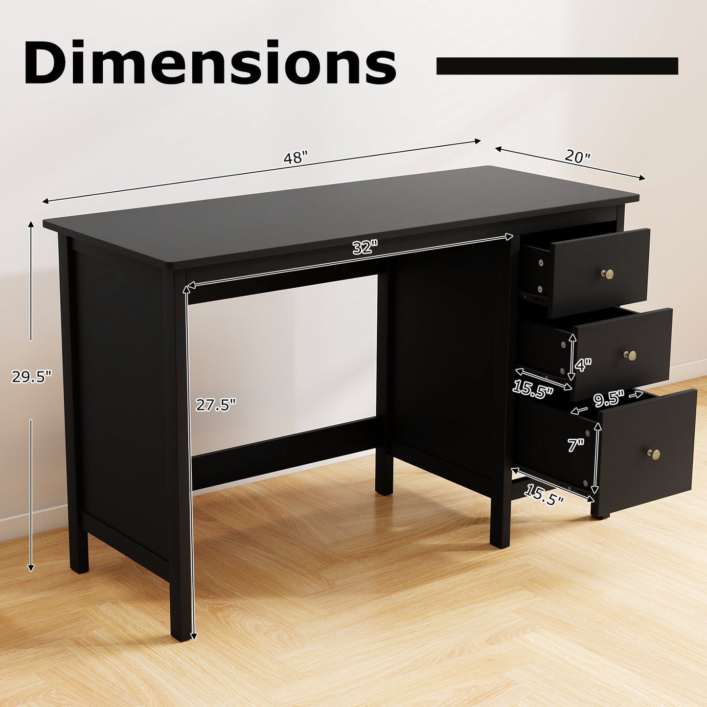 3-Drawer Home Office Study Computer Desk with Spacious Desktop