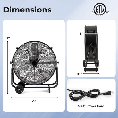 Industrial Drum Fan with 2 Wheels and 360-Degree Adjustable Tilt-Black