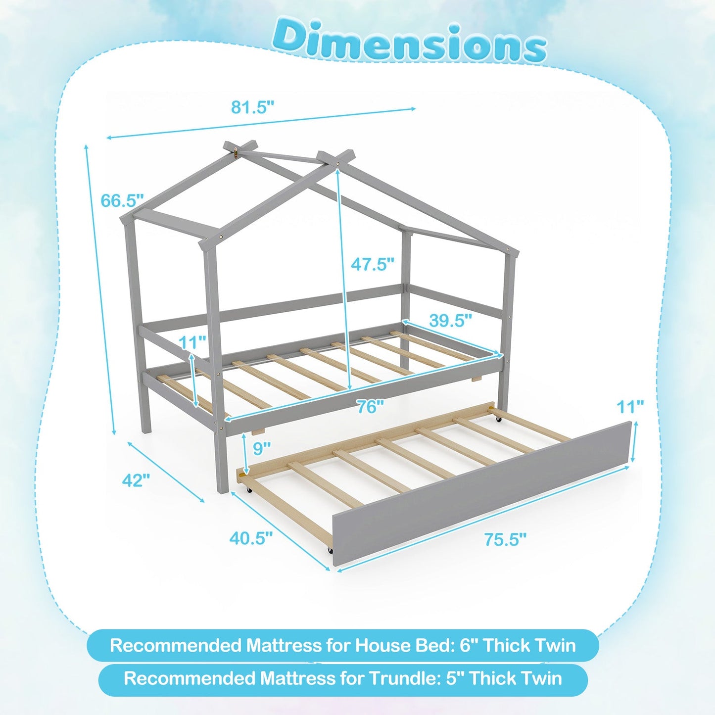 Kids Twin Size House Bed with Trundle and Roof