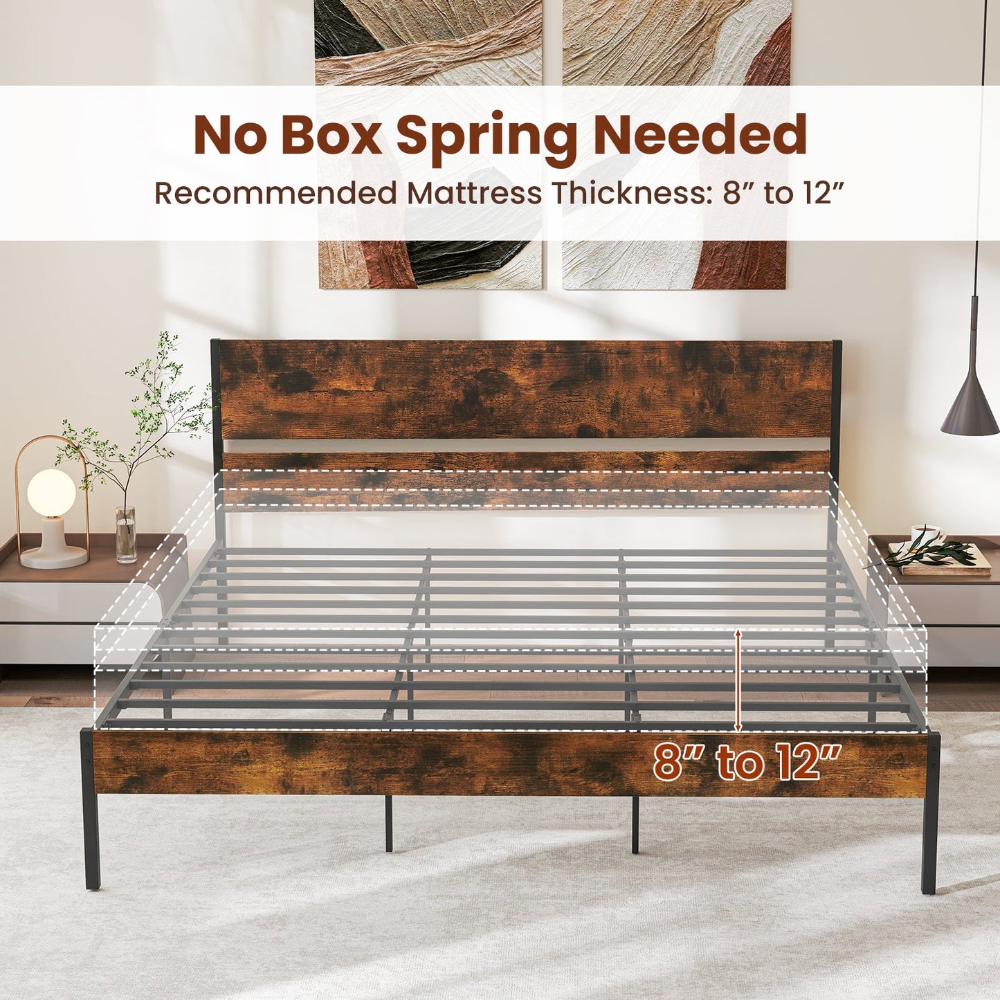 Twin/Full/Queen/King Metal Bed Frame with Wooden Headboard and Footboard-King Size