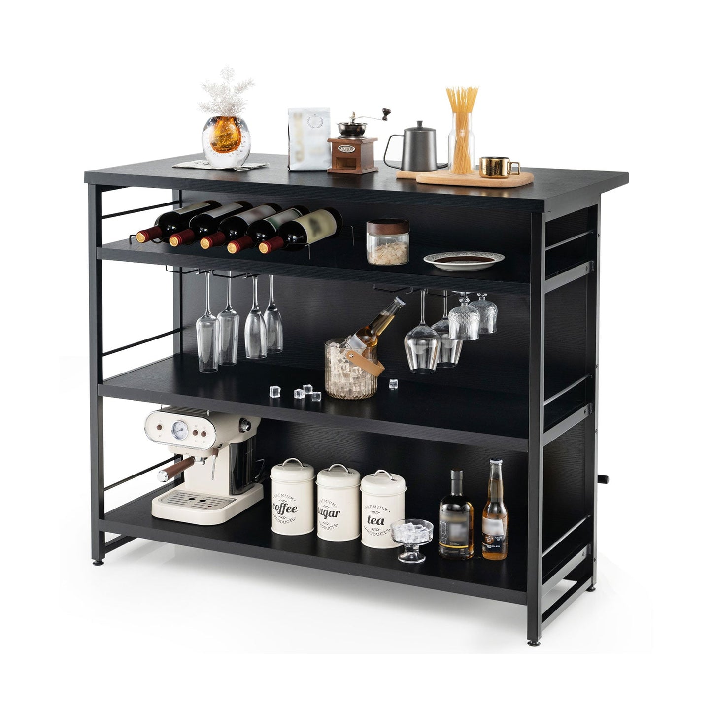 Kitchen Island with 4-Tier Storage Shelf and Long Footrest for Home