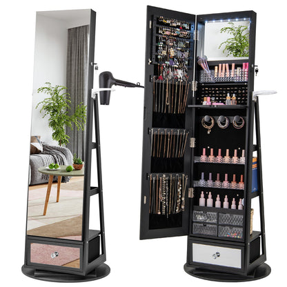 Lockable 360° Swivel Jewelry Cabinet with Full-Length Mirror LED Lights