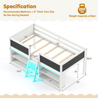Low Loft Bed with LED Lights Kid's Cabin Bed with Bookcases