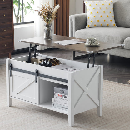 Lift Top Coffee Table 36" Farmhouse Rustic Wood Hidden Storage & Sliding Barn