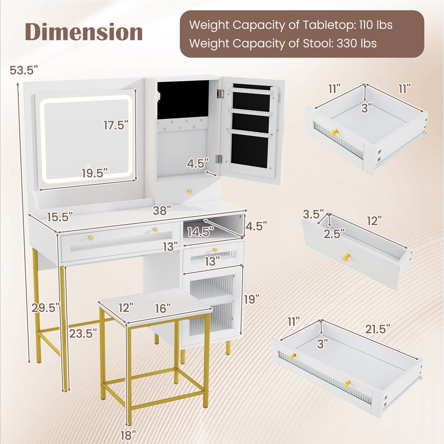 Modern Makeup Vanity Desk with Mirror and Lights and Stool Set-White