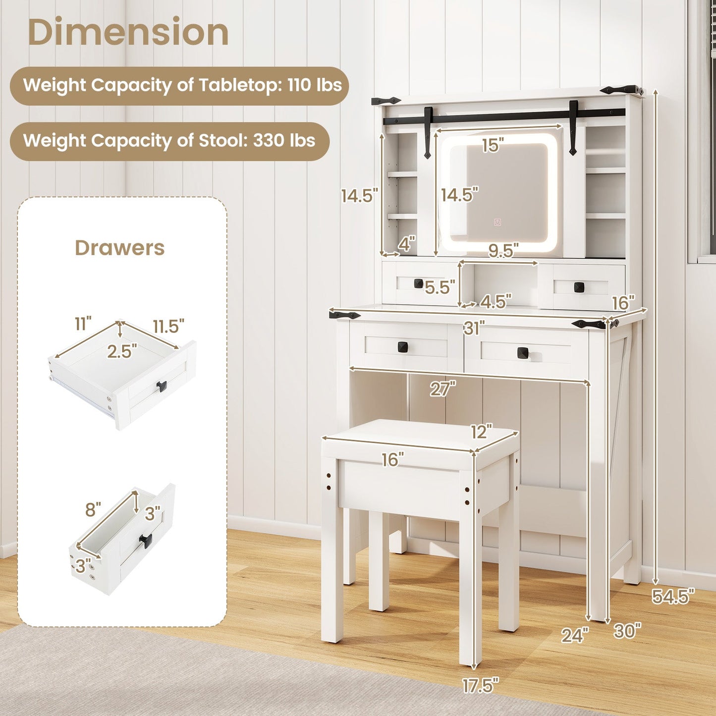 Makeup Vanity Desk with Mirror and Adjustable Storage Shelves-White